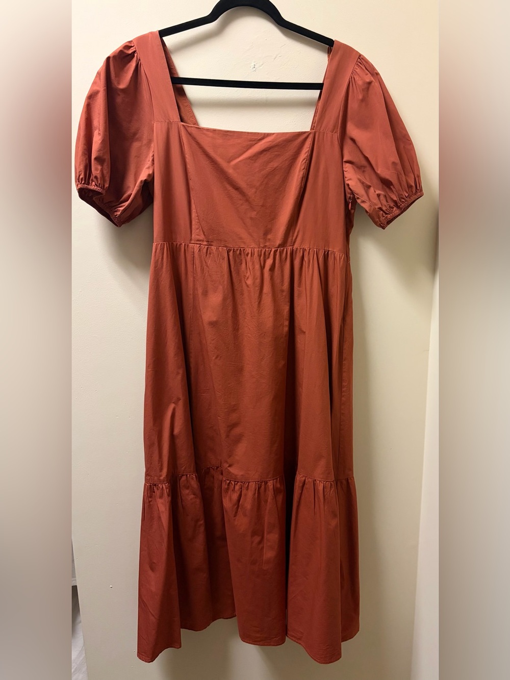Astr Rust Square-Neck Poplin Puff Sleeve Midi Dress Perfect for Fall Size Large